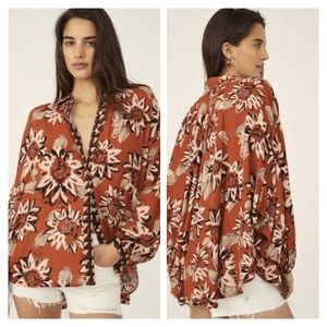 Free People Button Down Long Sleeve Flowy Blouse Good Vibes Floral Oversized